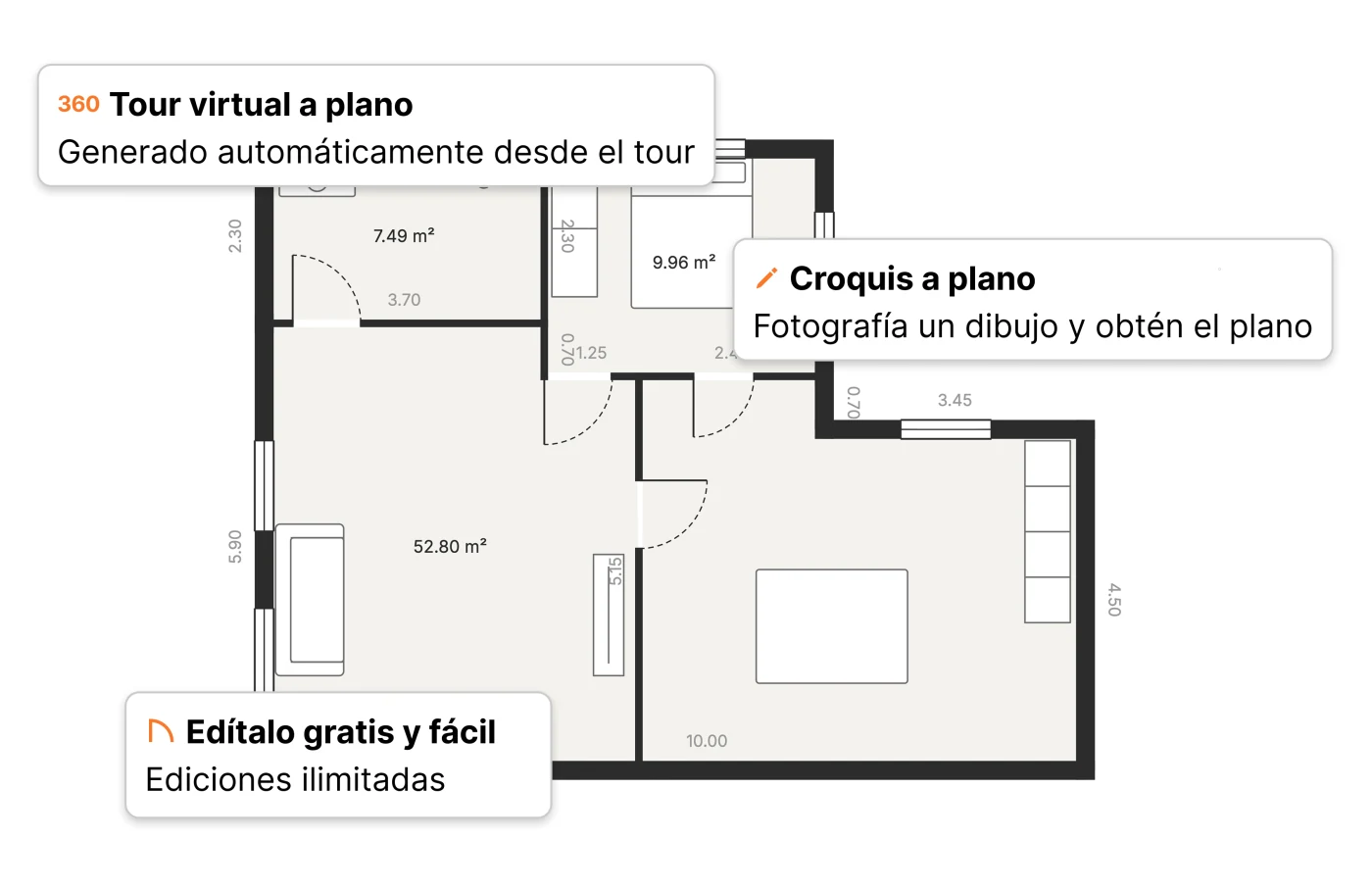 Plano generado a partir de un tour virtual o un croquis, totalmente editable